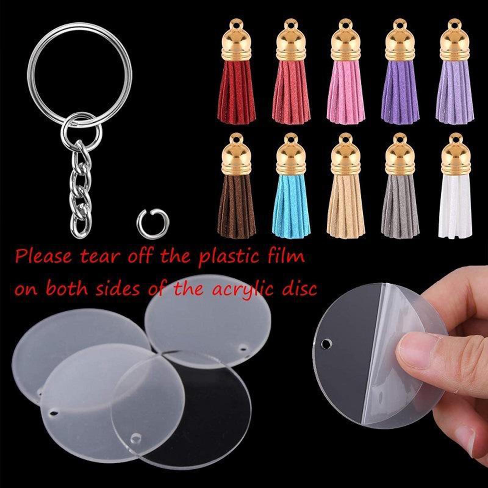 90x Acrylic Circle Discs Keychain Blanks Tassel Pendant Key Ring DIY Kit