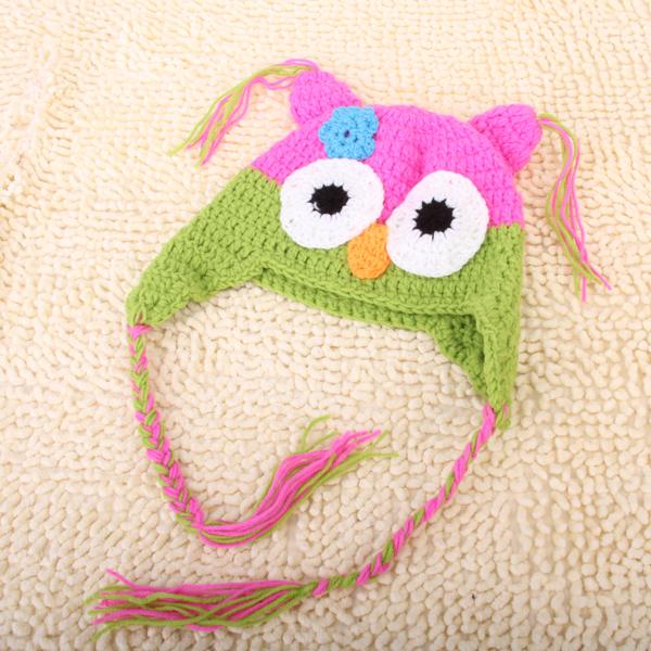 Toddler Infant Baby Handmade Owl Hat Crochet Knit Cap Beanie Hot Pink + Green