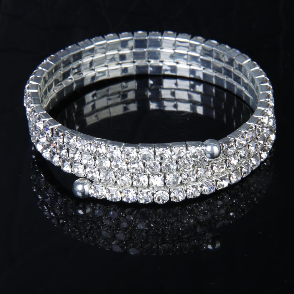 Fashion Wedding Bridal Clear Crystal Rhinestone 3 Rows Stretch Elastic Bangle Bracelet