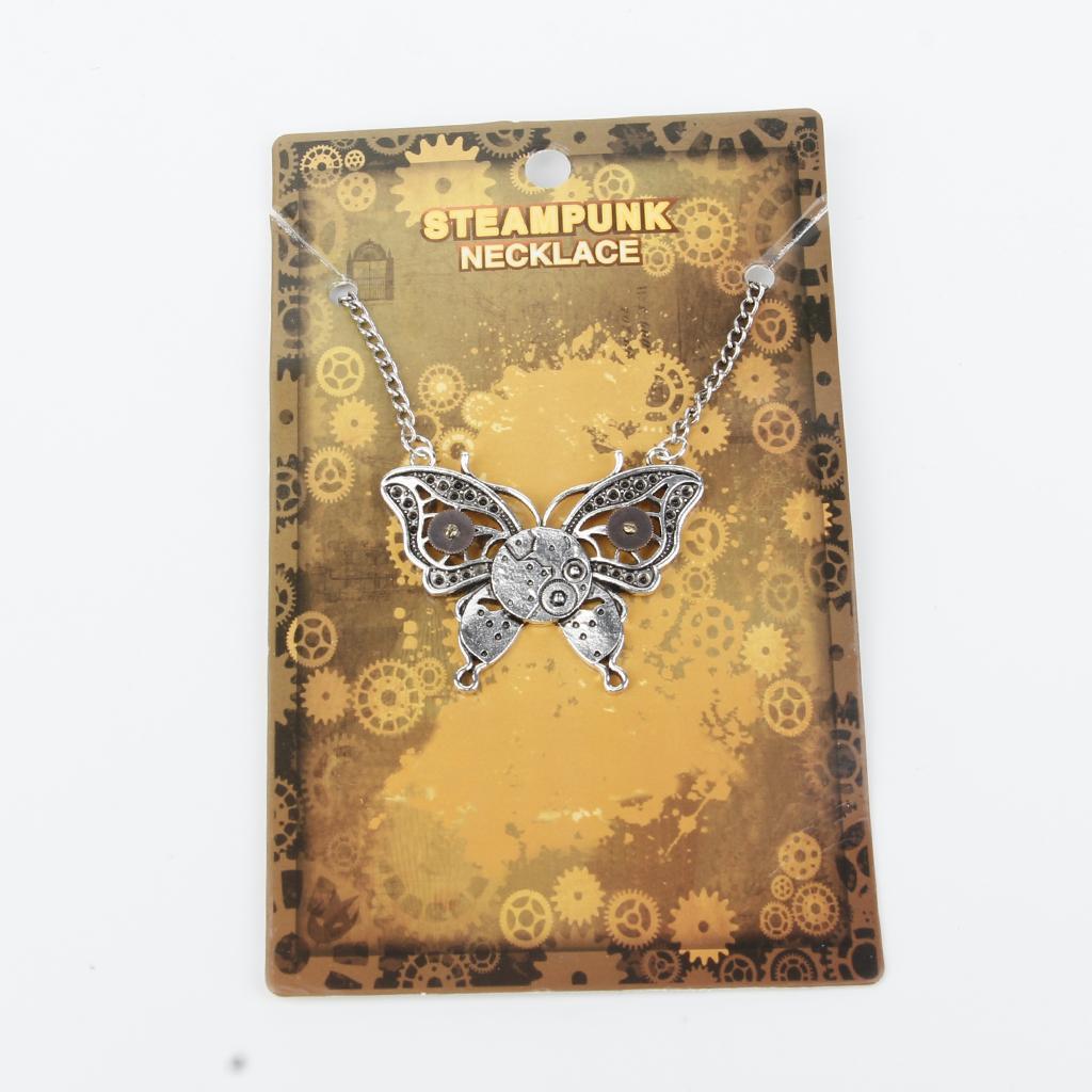 Steampunk Gears Butterfly Pendant Necklace Handcraft Chain Silver