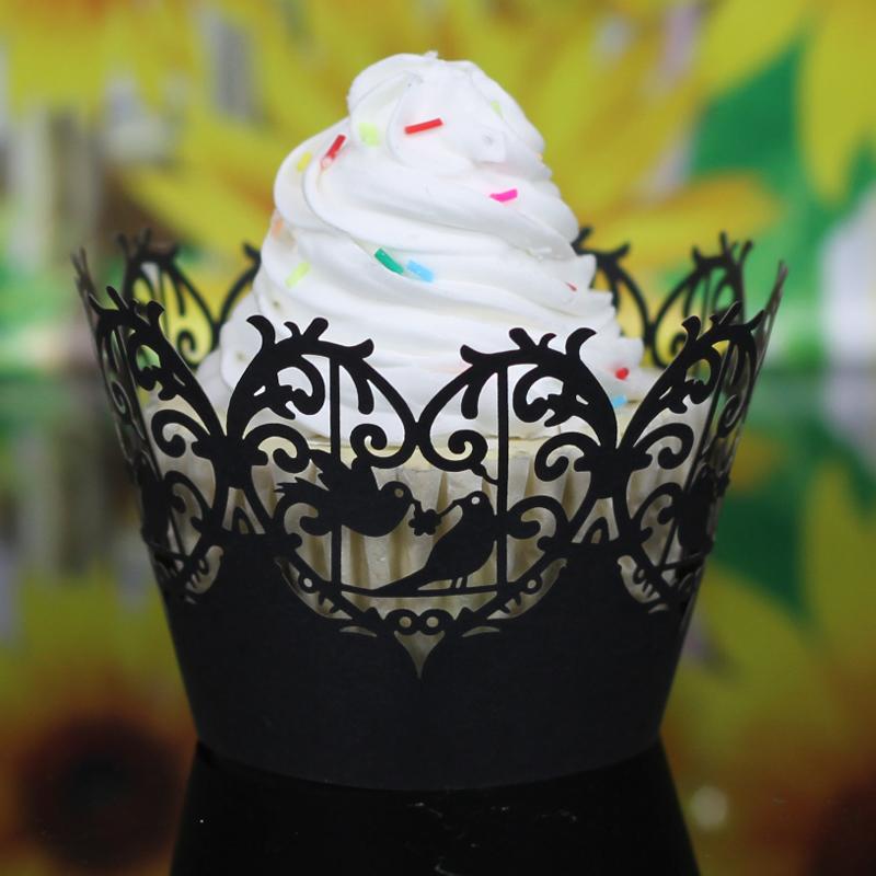 12Pcs Love Birds Pattern Hollow Out Cake Paper Wrap Cupcake Wrapper Black