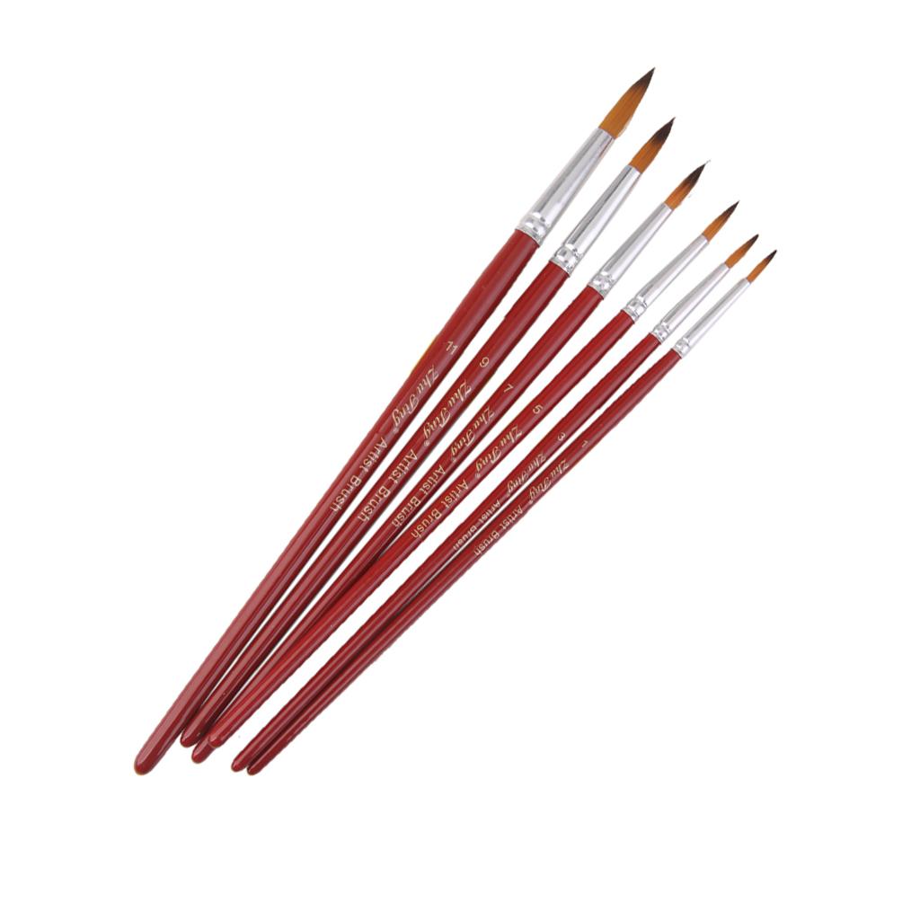 6pcs Assorted Size Artist Painting Round Tip Nylon Brushes-Dark Red