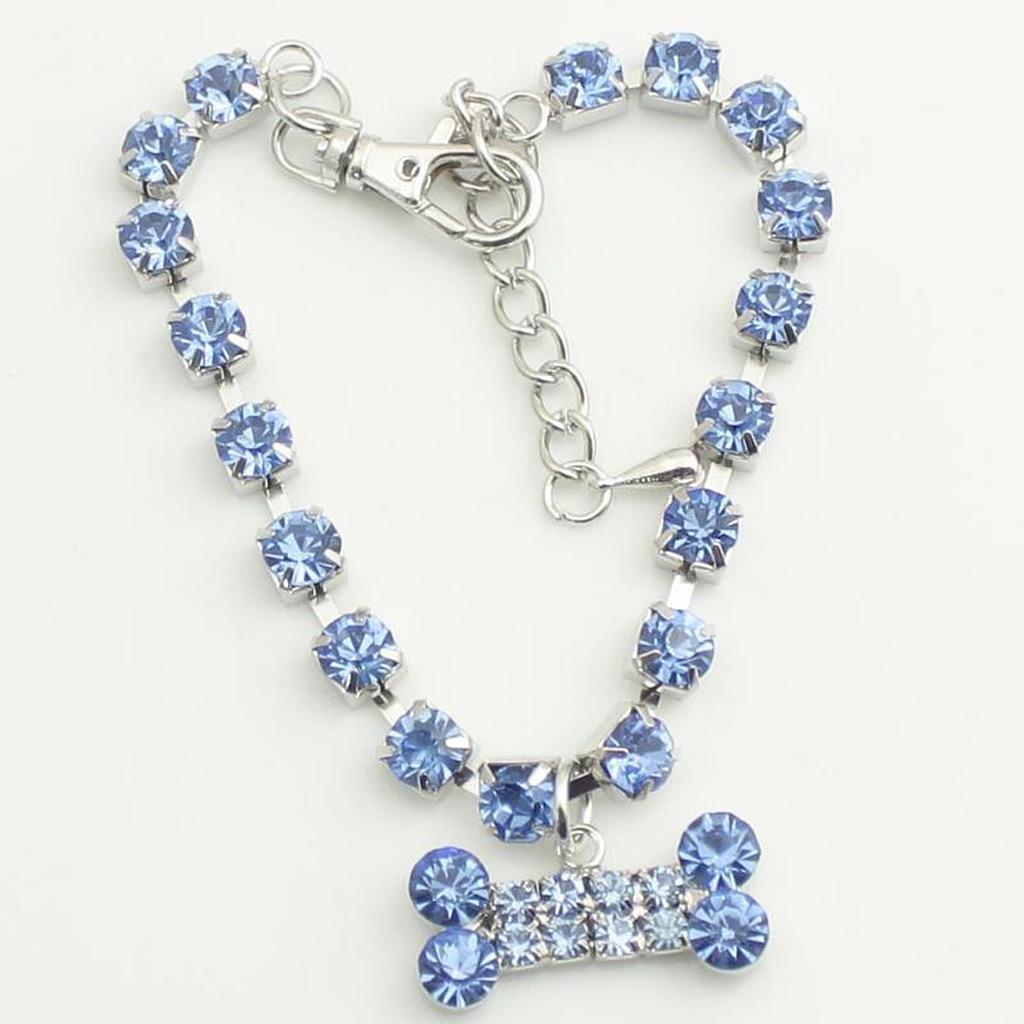 Crystal Diamante Bone Rhinestone Pendant Pet Necklace Dog Jewelry Blue L