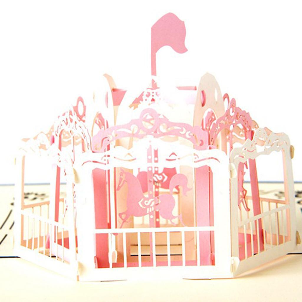 3D Pop Up Invitation Greeting Card Wedding Birthday Merry-go-round Pink