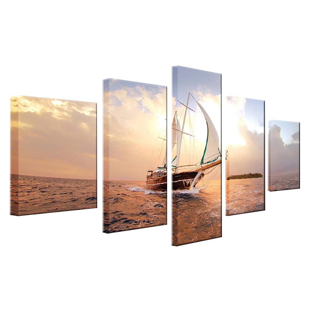 Modern 5 Panels Paintings on Canvas Wall Art Landscape Sailing Boat