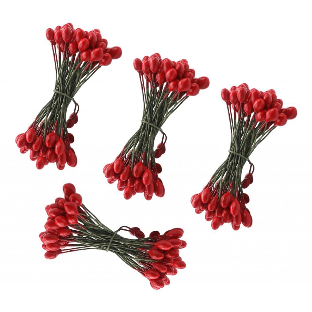 200pcs Artificial Double Head Berries DIY Craft Red