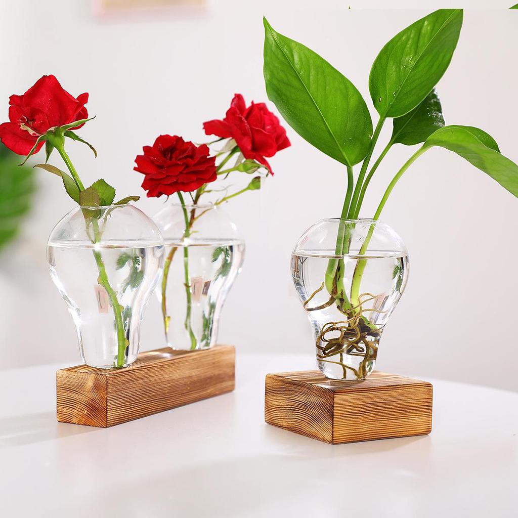 Glass Tube Vase Wooden Stand Flower Pots Hydroponic Planter Wooden 2 Bottle