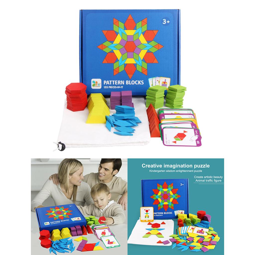 155x Wooden Pattern Blocks Set Geometric Shape Puzzle Jigsaw Educational Toy