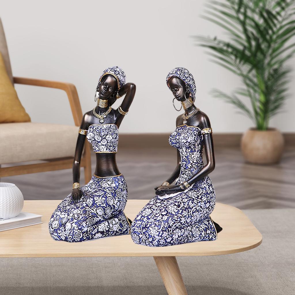 Resin African Lady Figurines Sculptures Tribal Female Statue Kneel Sitting B