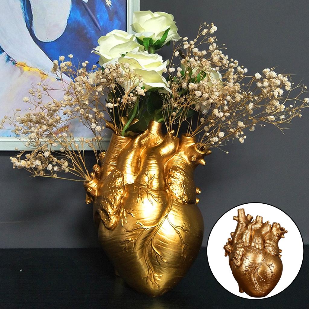 2xAnatomical Heart Vase Resin Statue Flower Pot Ornament Gold 15x10.5x21CM