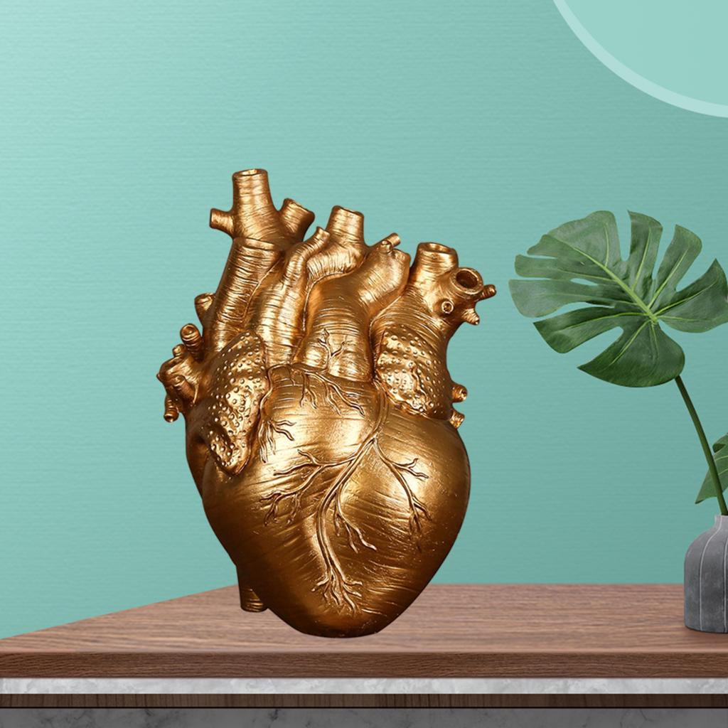 Anatomical Heart Vase Resin Statue Flower Pot Ornament Gold 15x10.5x21CM