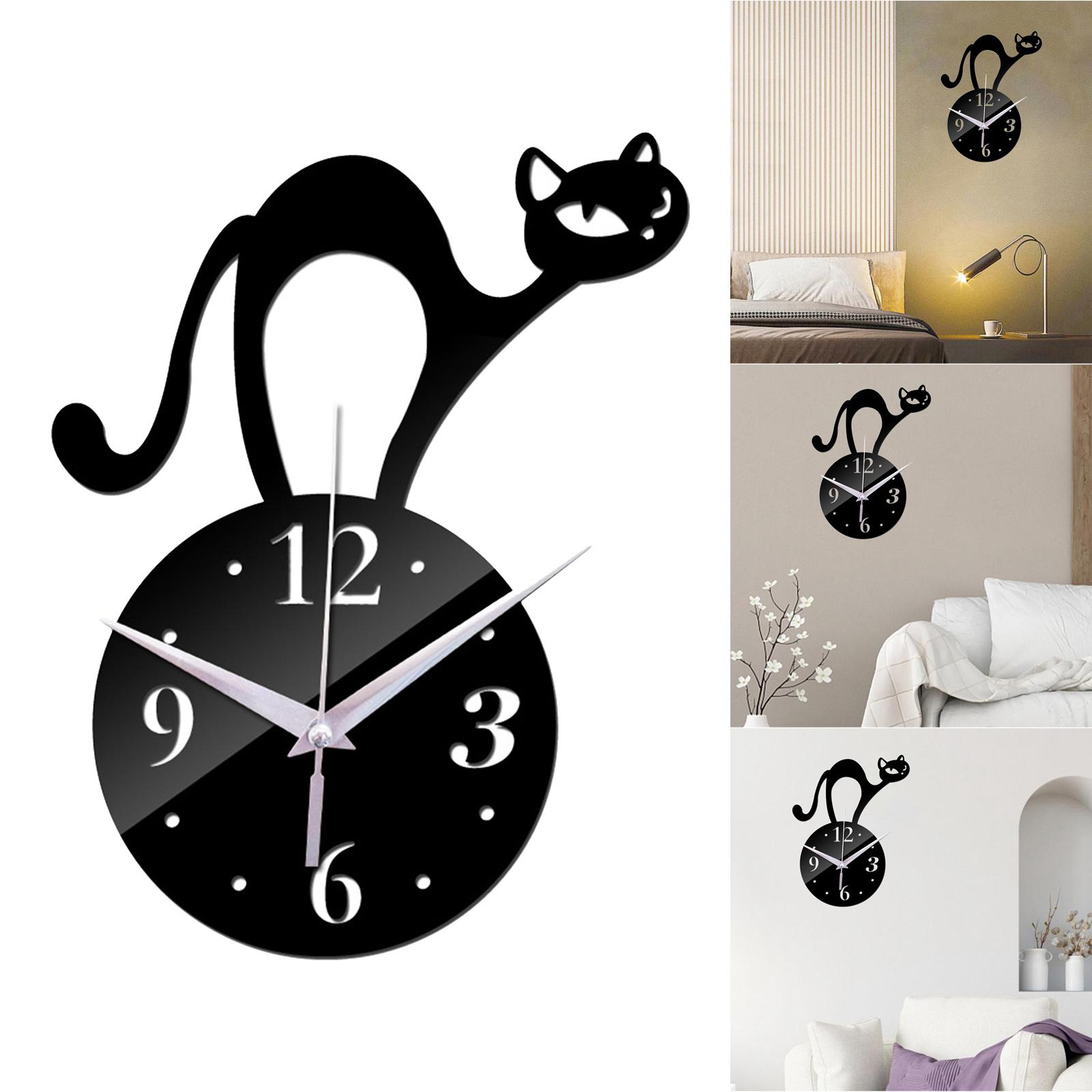 Creative Cat Wall Clocks Mirror Irregular Minimalist for Home Decor Black