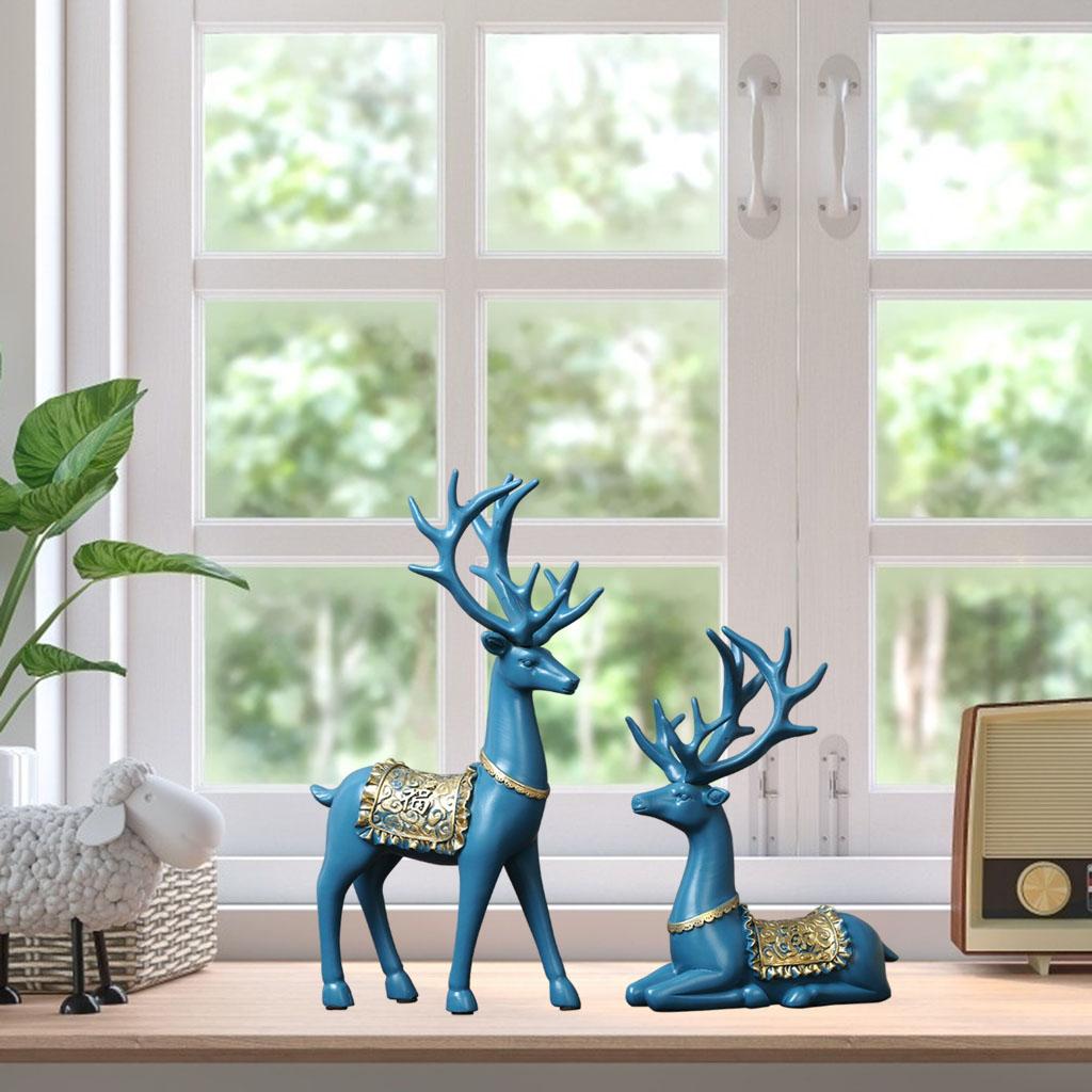 2Pcs Couple Deer Statue Sculpture Living Room Tabletop Bookshelf Figurine Blue