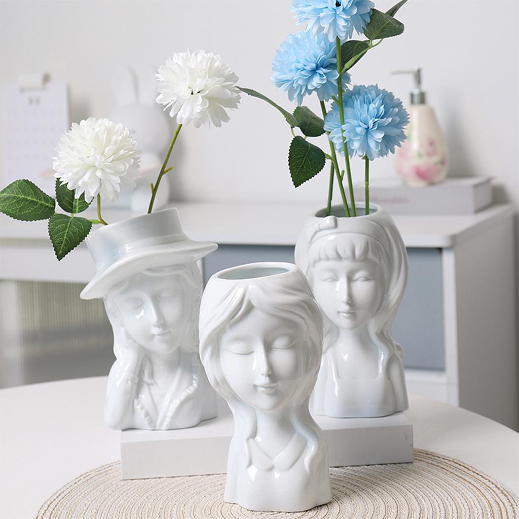 Ceramic Vase Girl Face Head Flower Pot Plant Planter Home Living Room Decor 19x12x13cm