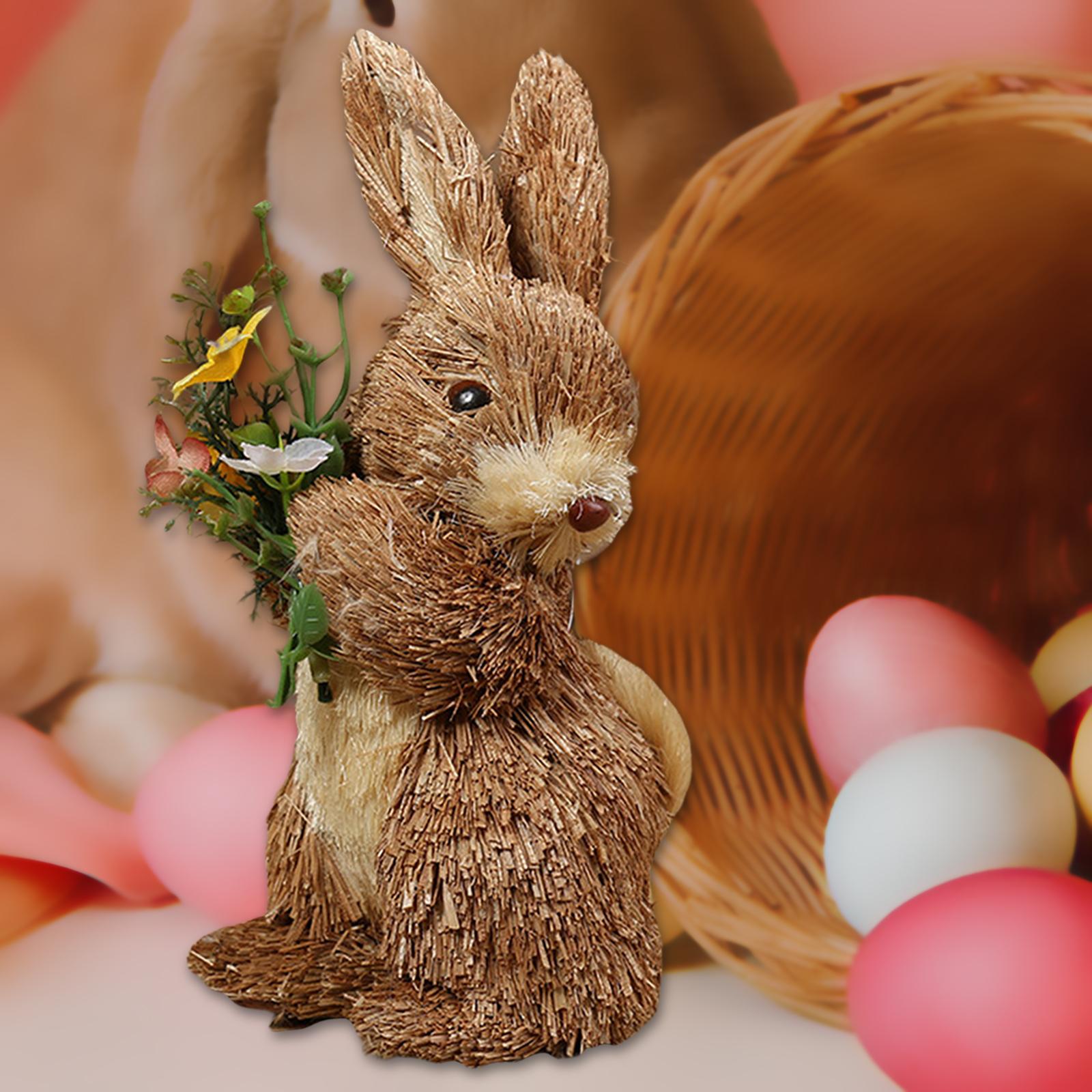 Artificial Easter Straw Rabbit Sculpture Handmade for Desktop Garden Decor A