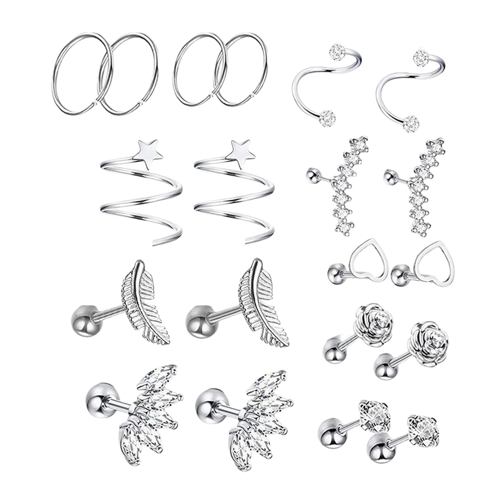 20x Stainless Steel Earrings Set Heart Flower Feather Piercing Earrings Silver