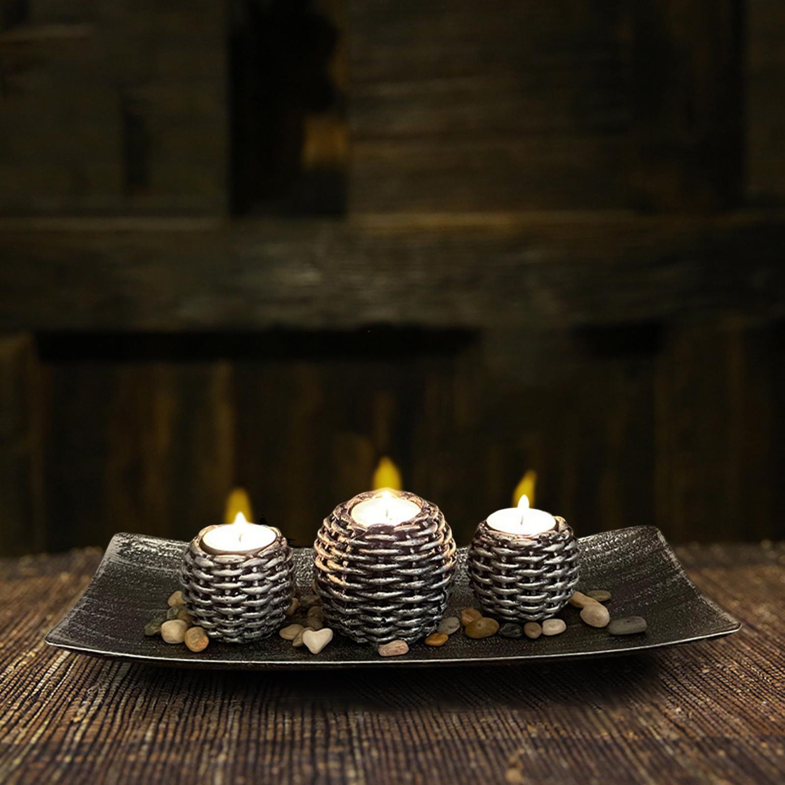 Antique Rattan Candle Holder Set Wooden Resin Crafts Home Furnishing 3 Cpus