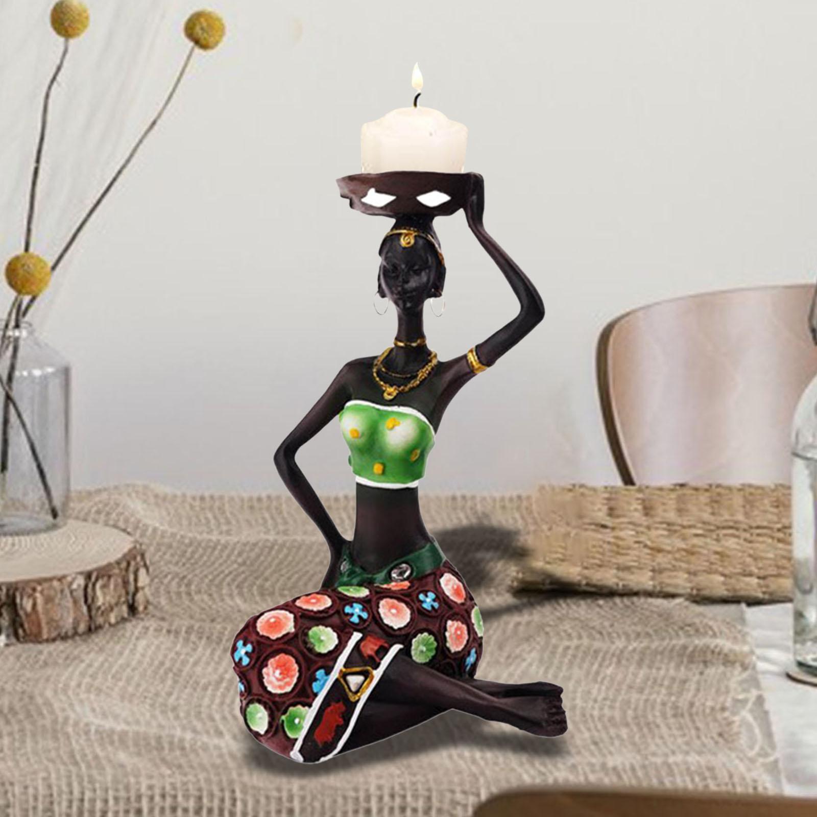African Women Statues Candlestick Tea Lights Candle Holder Home Room Green