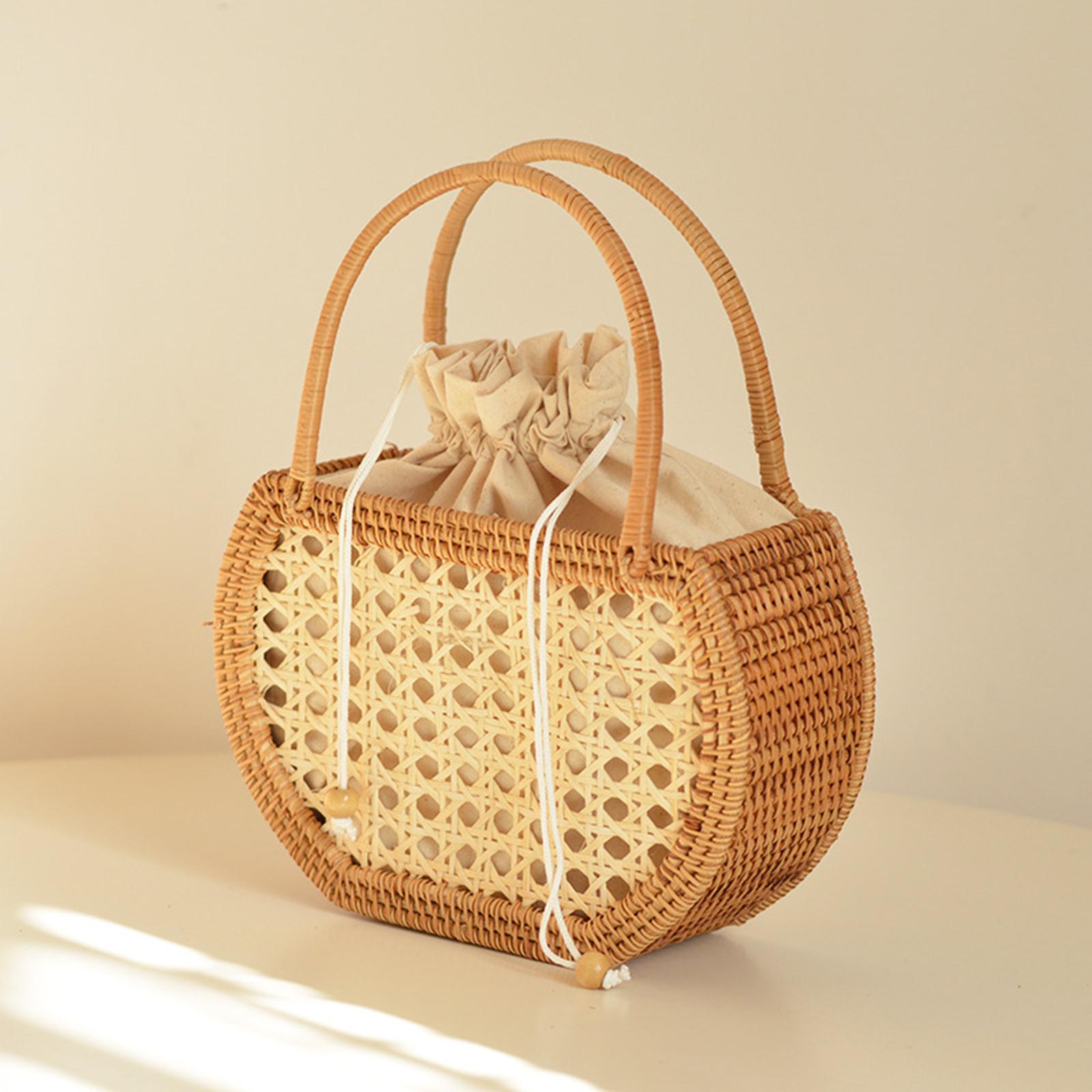 Hand Woven Rattan Handbag Boho Style Picnic Travel Clutch Bag Hand Basket Semicircular