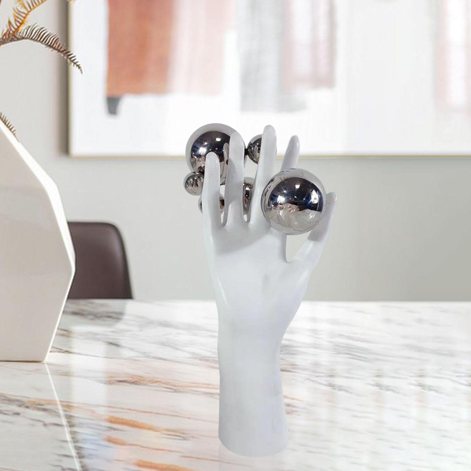 Resin White Hand with Silver Balls Statue Sculpture Creative L 12x11x27cm