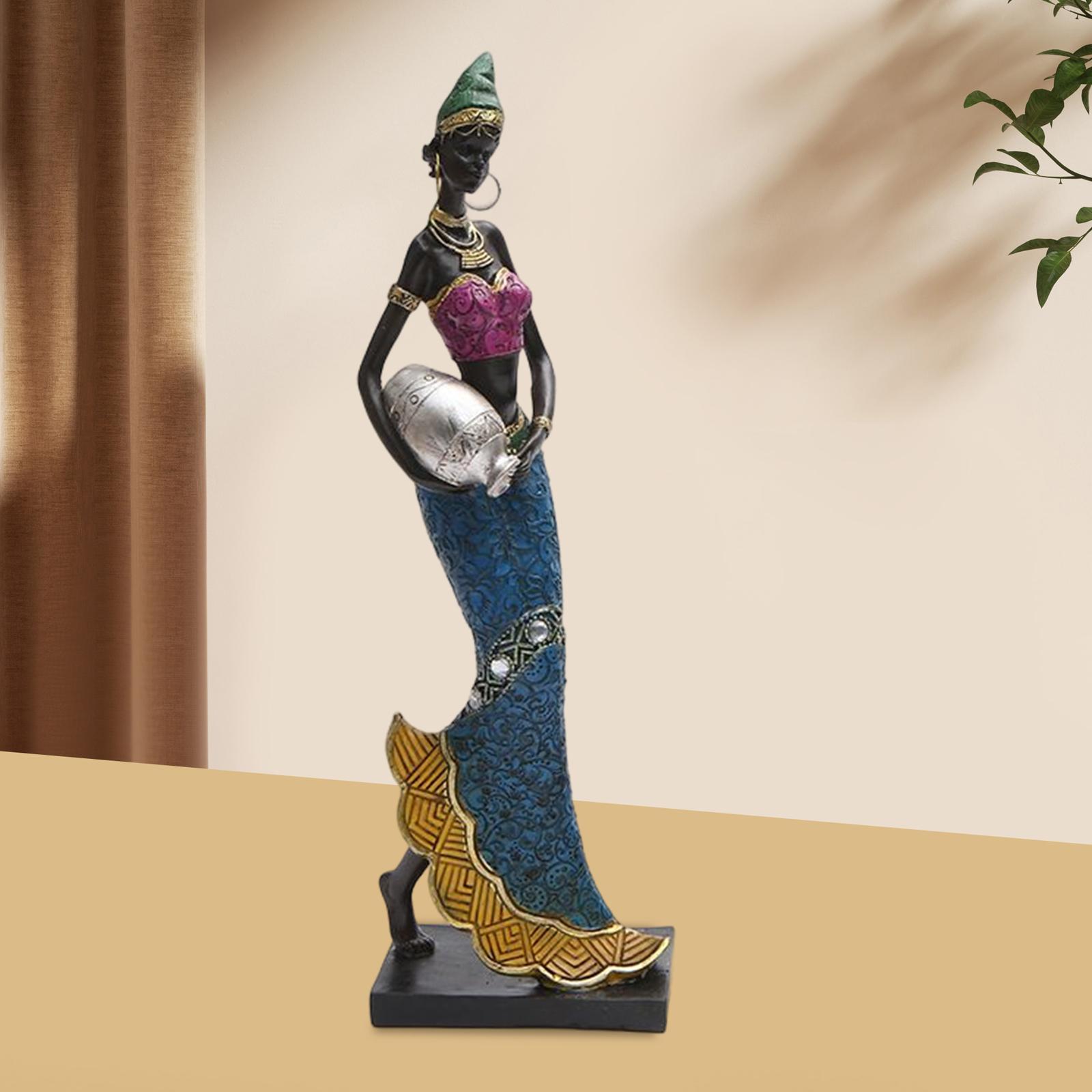 Exotic African Figurine Sculpture Craft Tribal Lady Statue for Wine Cabinet Blue Dress
