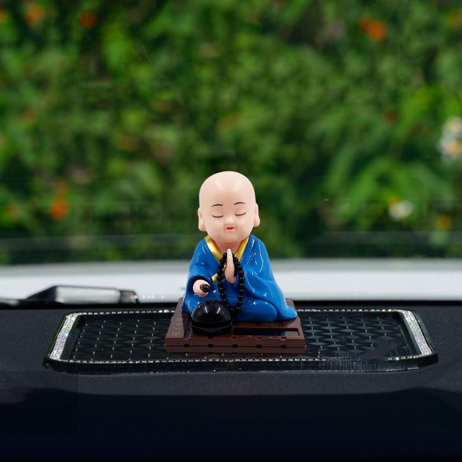 Little Monk Figurine Solar Powered Car Toy Bobble Head Toy Car Ornament S Blue