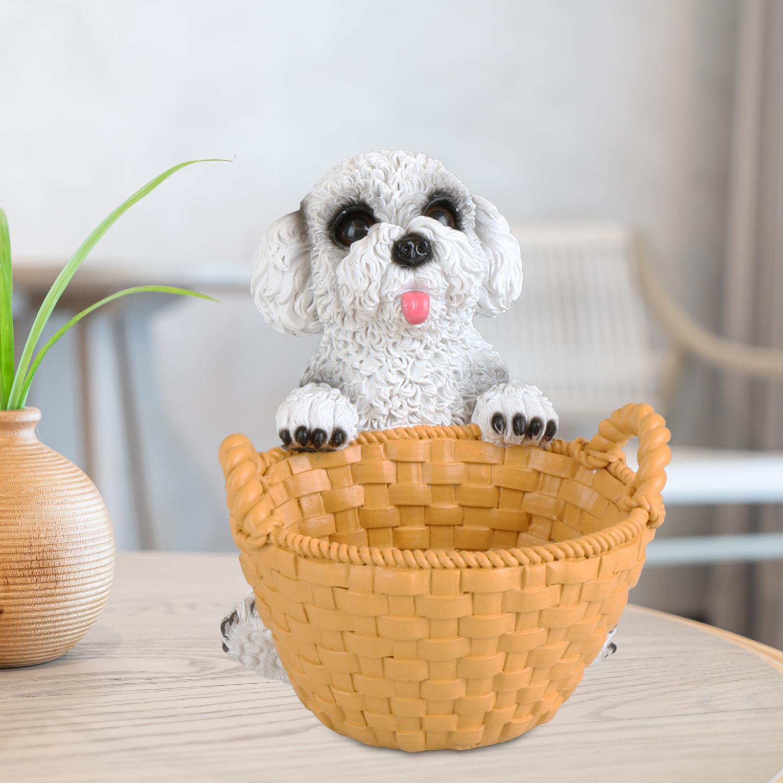 Dog Statue with Basket Puppy Figurine Storage Box for Office Restaurant White