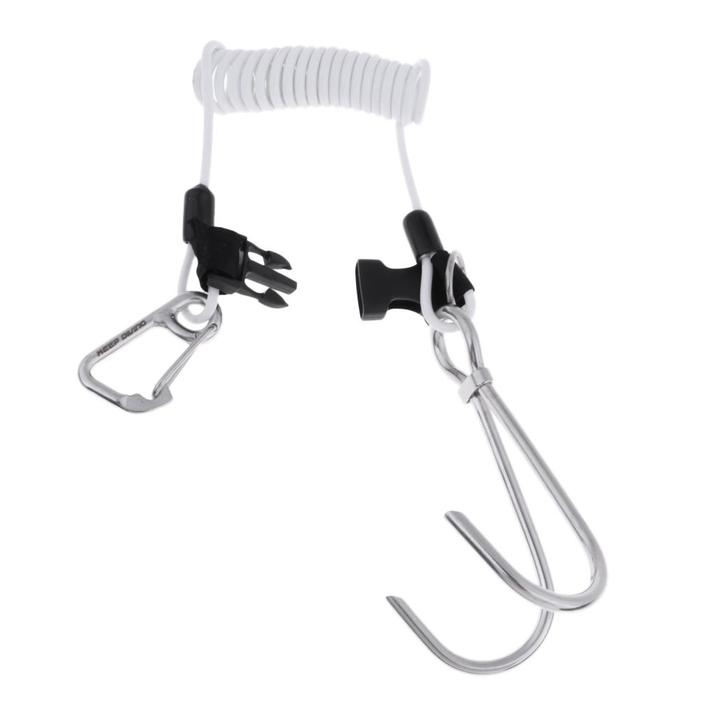 Scuba Diving Stainless Steel Dual Reef Hooks w/Spiral Coil Lanyard White