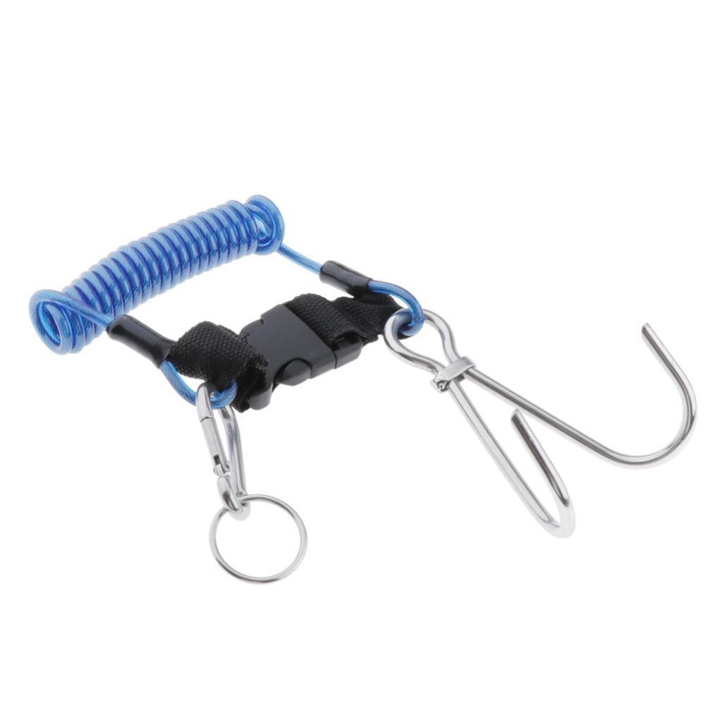 Scuba Diving Stainless Steel Dual Reef Hooks Spiral Coiled Lanyard Blue