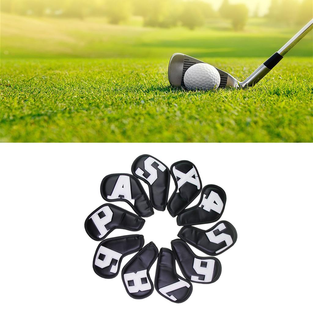 10Pcs Golf Iron Club Head Covers Waterproof Headcovers Black White Word