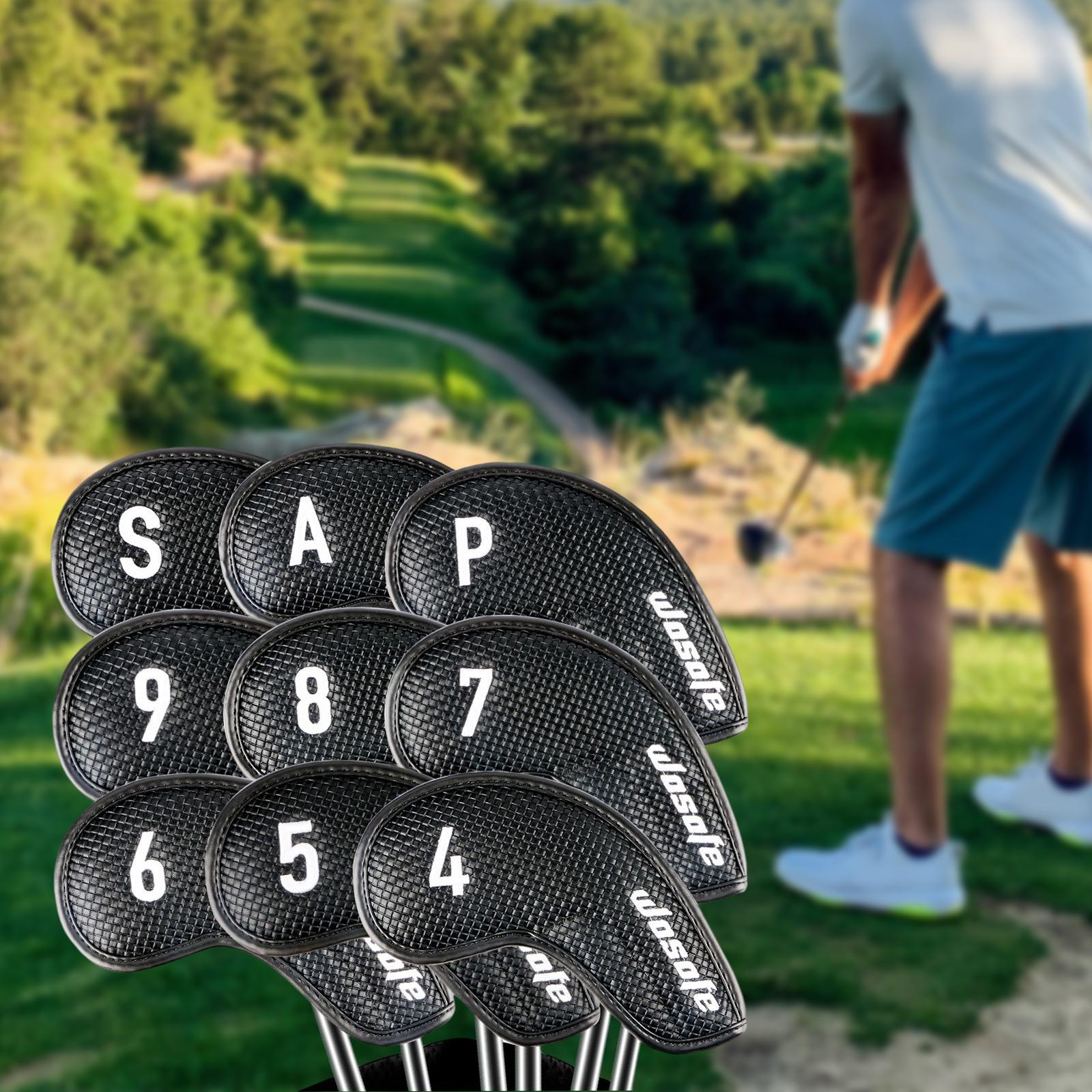 9x Golf Iron Head Covers Set Long Neck Golf Club Head Cover Golf Accessories Black Woven Texture