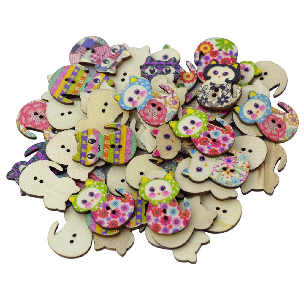 50Pcs Printed Natural Wooden Cats Buttons for Sewing Crafting