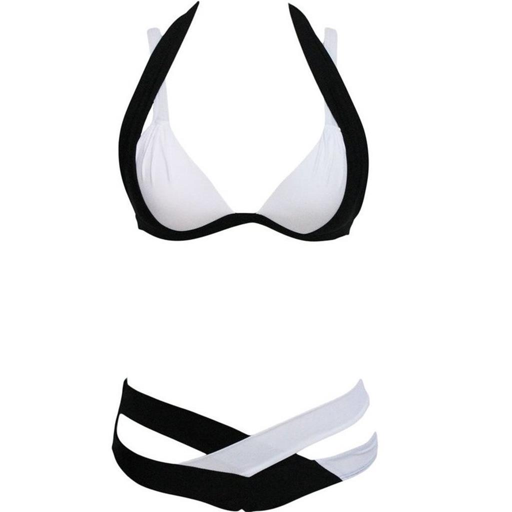 Sexy Halter Block Padded Bikini Set Women Black and White XL