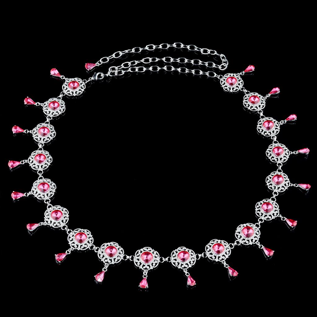 Womens Bling Gem Crystal Rhinestone  Waist Chain Belt Silver + Rose Red