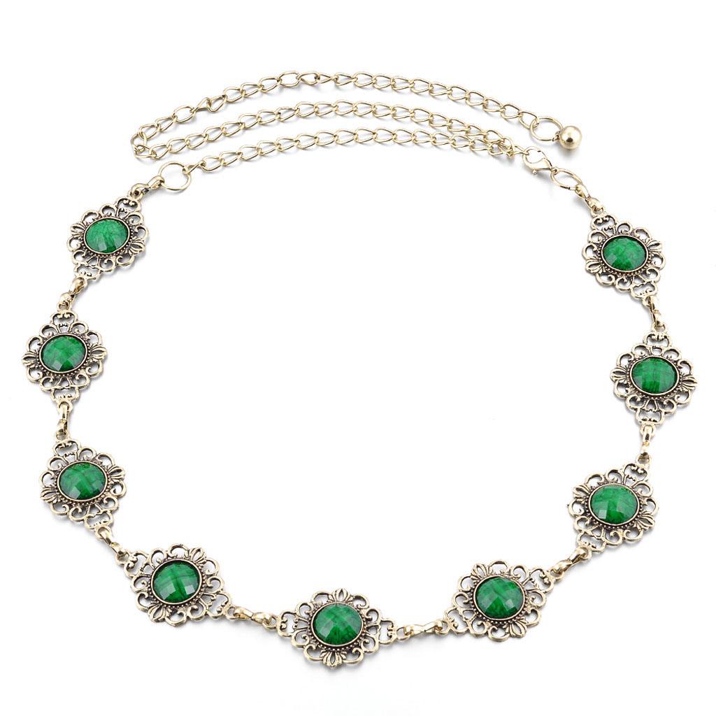 Womens Green Gem Kallaite Crystal Waist Chain Belt Gold 115cm