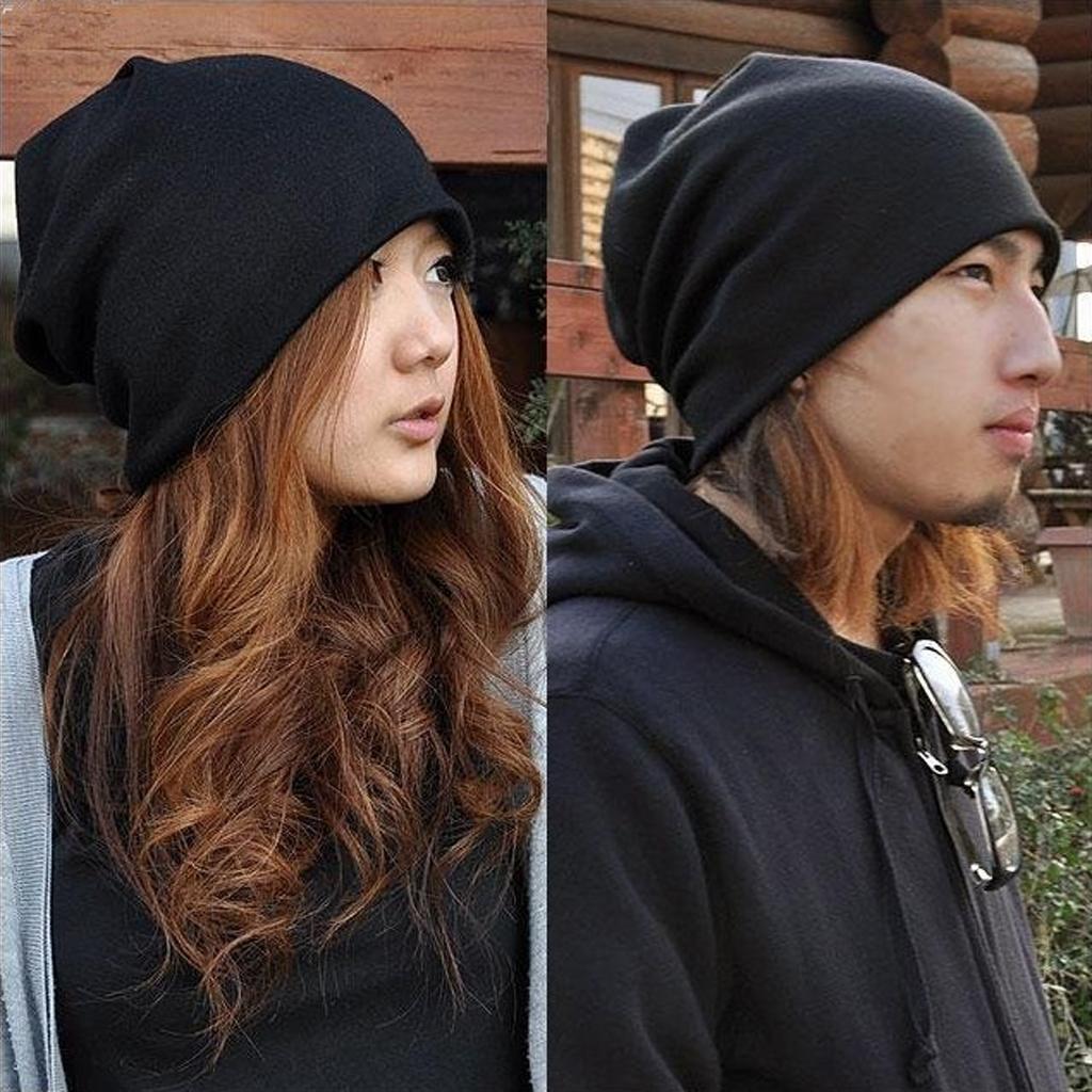 Unisex Adult Stretched Hip Hop Beanie Hat Elastic Skull Slouchy Cap Black