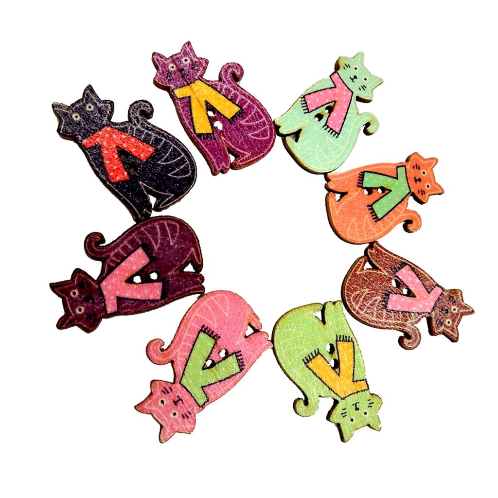 50 Colorful Cat Shape 2 Holes Wood Sewing Buttons