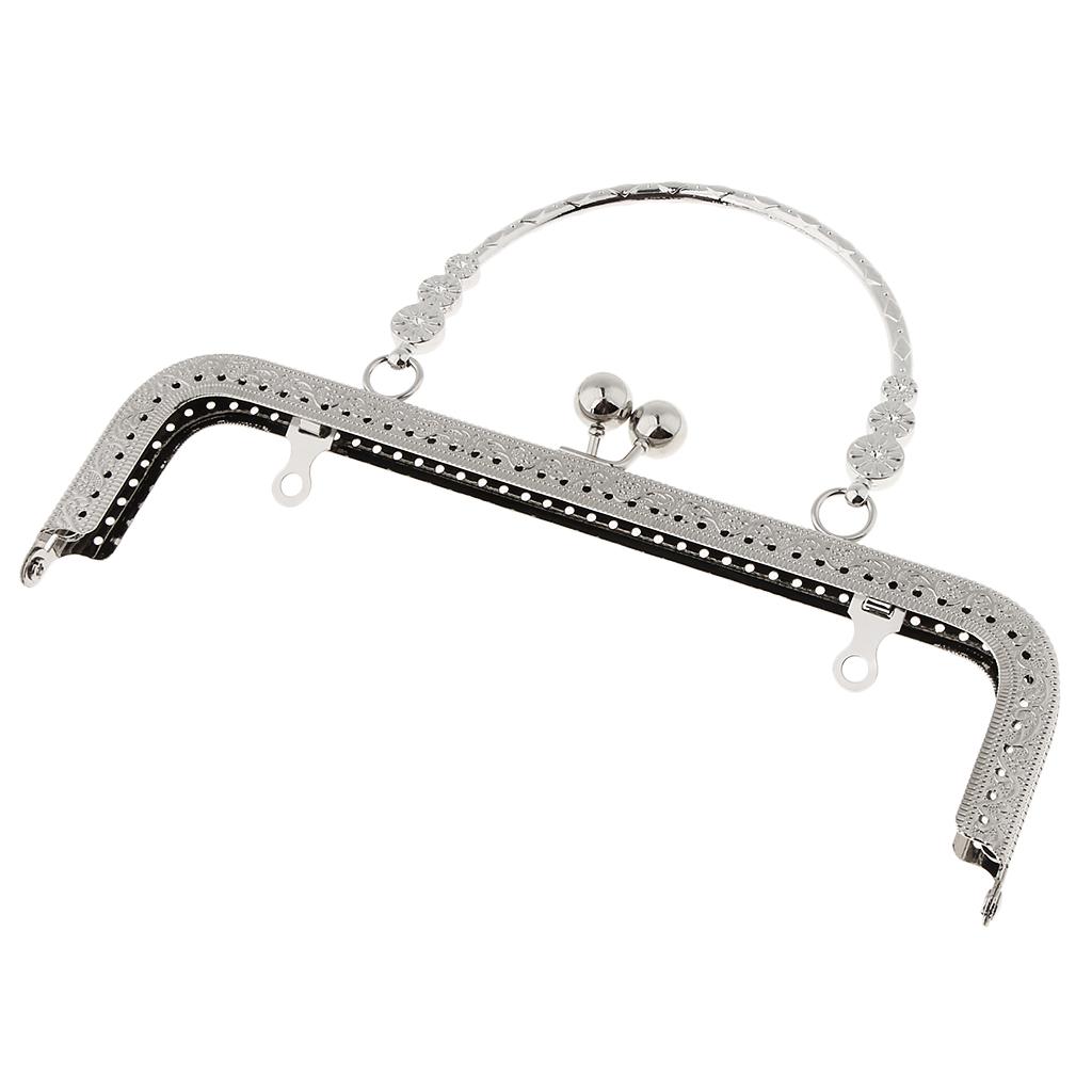 Squared Embossing Metal Purse Handbag Frame Kiss Clasp with Handle Silver