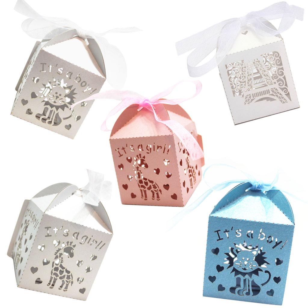 50pcs Laser Cut It's a Boy Candy Gift Boxes Ribbons Baby Shower Favor Blue