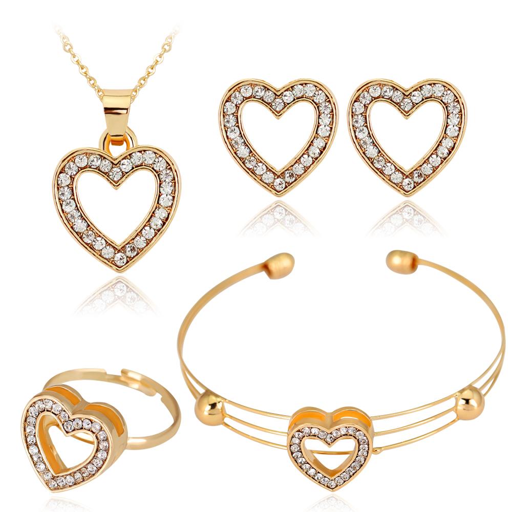 Charm Hollow Out Heart Jewelry Set Necklace Bracelet Ring Earrings Set -Gold