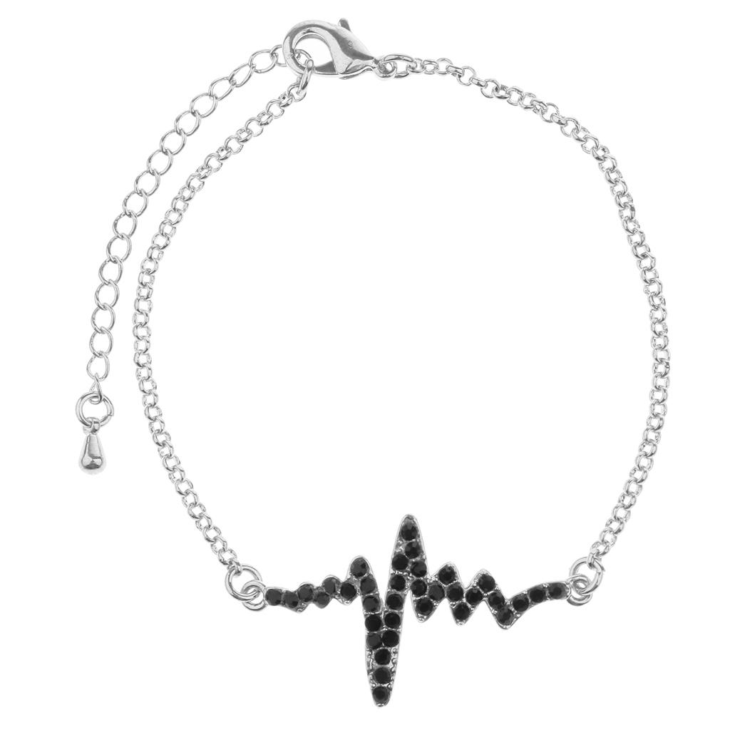 Novelty Heartbeat Bracelet Bangle Unisex Bangle Silver with Black Crystal