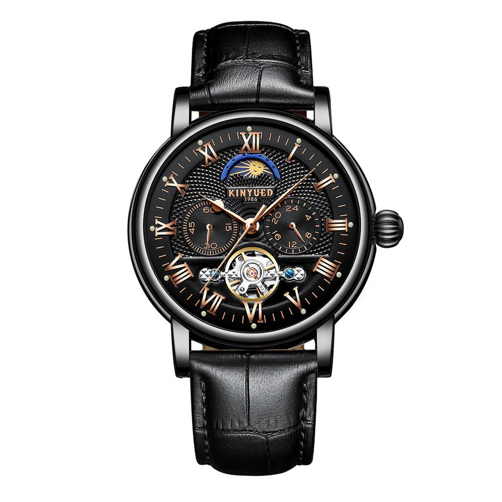 KINYUED Skeleton Moon Phase Auto Mechanical Leather Watch Black