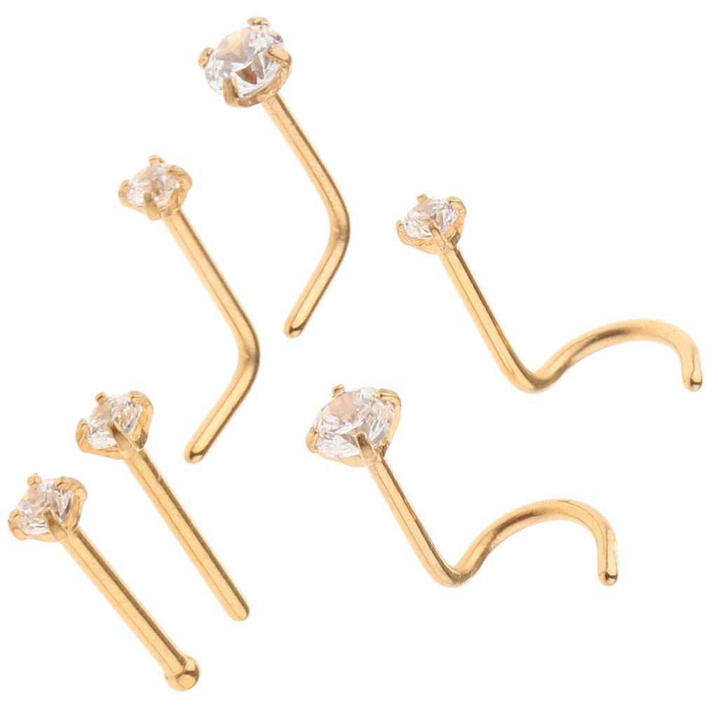 6 Pieces Stainless Steel Zircon Crystal Screw Curved Nose Piercing Gold