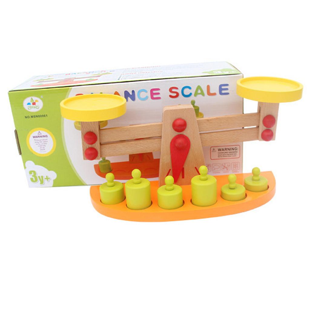 Balance Scale with 6 Pieces Wooden Weights Kids Montessori Educational Toy
