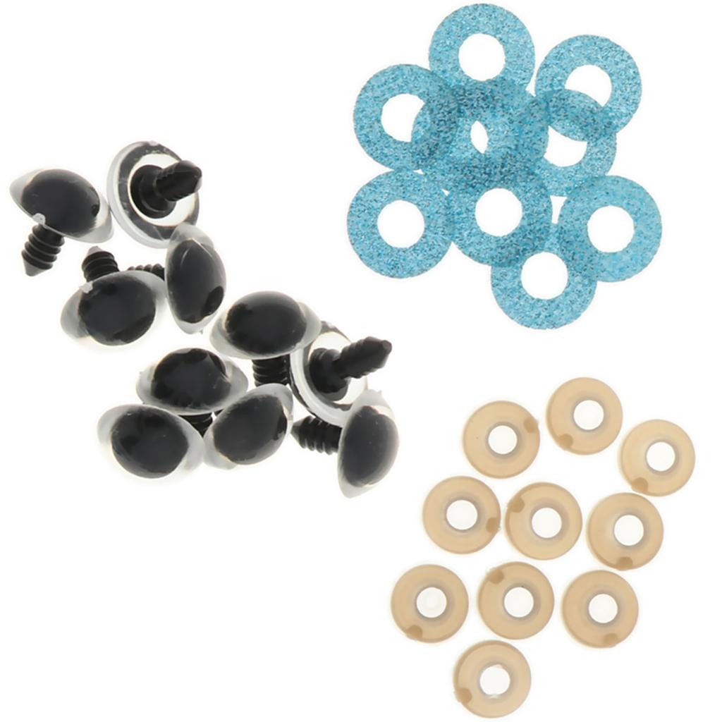 3x10pcs Plastic Safety Toy Eyes + Glitter Nonwovens + Washer 16mm Light Blue