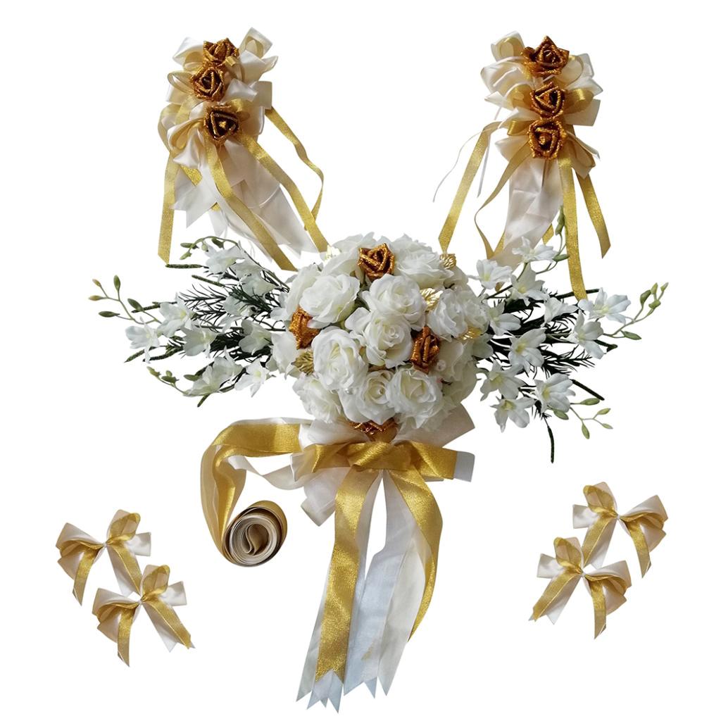Wedding Car Decoration Set Flower Rose Garland Ribbon Bows Door Handle Kit 