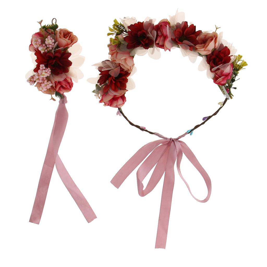 Wedding Flower Forehead Garland Bracelet Hand Flowers Accessories Red