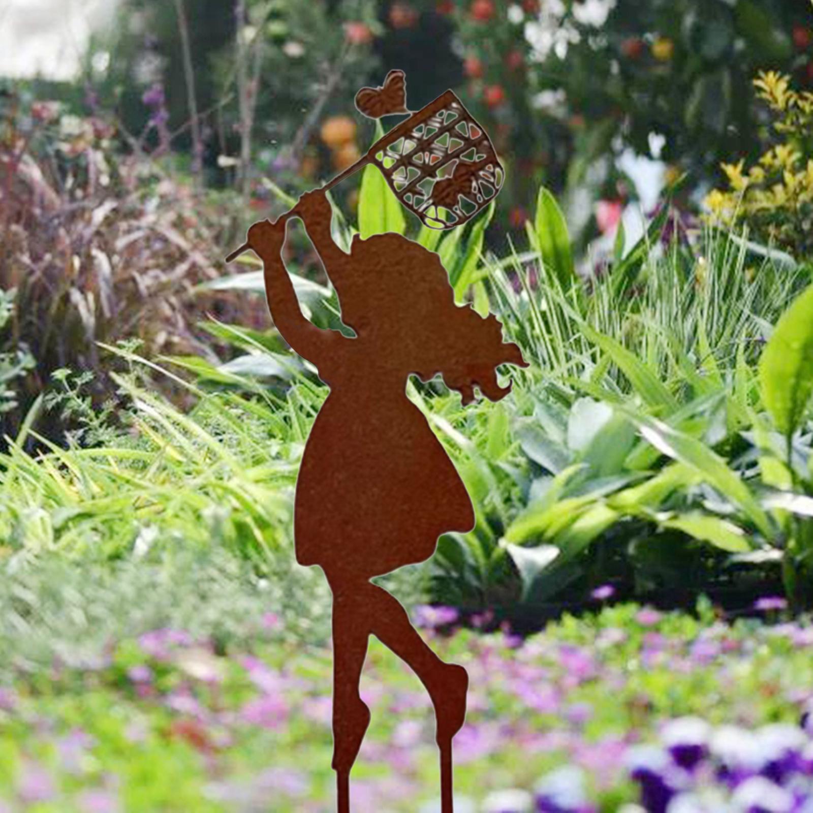 Craft Iron Children Silhouette Garden Pation In-Ground Statues Boy and Girl