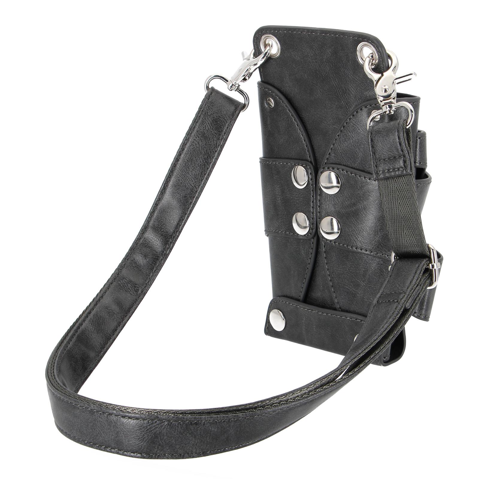 Hairdressing Scissor Pouch PU Leather Removable Hook Belt Salon Dark Grey