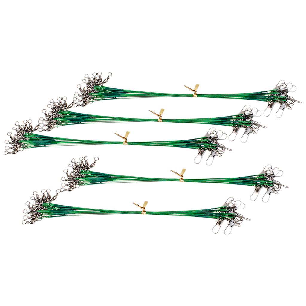 50pcs Fishing Wire Leaders with Safety Snaps and Barrel Swivels Green 15cm 